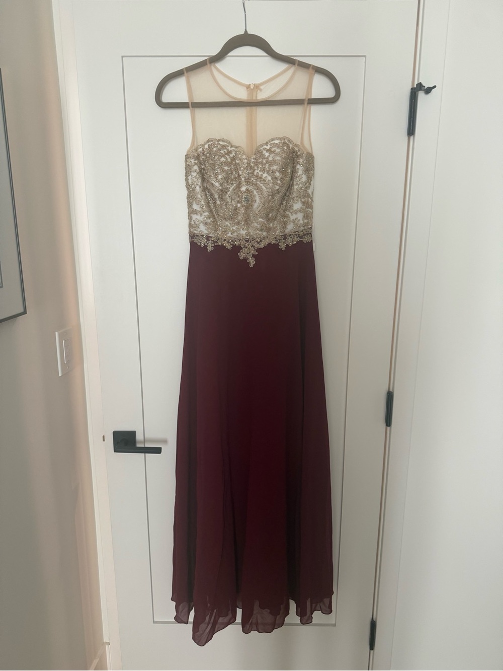 Gold Embellished Burgundy Evening Dress